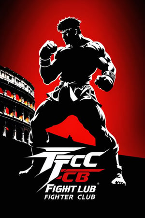 Design a logo featuring the simple black silhouette of a Street Fighter fighter standing atop the letters "TFC" for The Fight Club. The fighter should be facing a Roman Colosseum, symbolizing the battleground. Keep the design in high quality with clean lines, capturing the essence of fighting game tournaments.