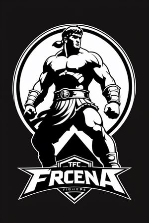 Design a logo featuring a simple black and white outline of a Roman colosseum, with the silhouette of a Street Fighter fighter standing prominently in the center. The fighter should be positioned atop the letters "TFC ARENA." Utilize clean lines to capture the essence of fighting game tournaments, showcasing the intensity and excitement of the battles.





