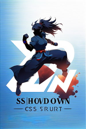 Design a high-quality logo for 'SCS,' representing 'Showdown Circuit Series.' Utilize white and light blue colors for the letters in a Street Fighter-inspired font style. Incorporate a black silhouette of a fighter like Akuma, facing away, above the letters. Capture the essence of competition and gaming prowess in this dynamic and visually striking design.