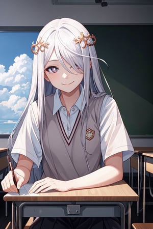 solo, 1girl, look at viewer, cinematic, wide screen, ultra high quality, masterpiece, ultra detailed eyes, classroom, ultra detailed sky, morning, ultra quality background, detailed pupils, tokiwadai school uniform, closed smile, closed 1 eye,