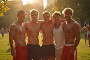 Summer sports fun: group of men, A white muscular male model with tousled brown hair and a fit physique, shirtless, wearing short black shorts, stands with A white muscular male model man with tousled brown hair and a fit physique, wearing a tank top shirt and short red  shorts. a white muscular male model man with dark hair, wearing a white shirt and shorts. 5men hugging each other, The Central Park setting and golden hour lighting create a serene, playful atmosphere. Hyper realistic, detailed. men playing kickball in the background. 