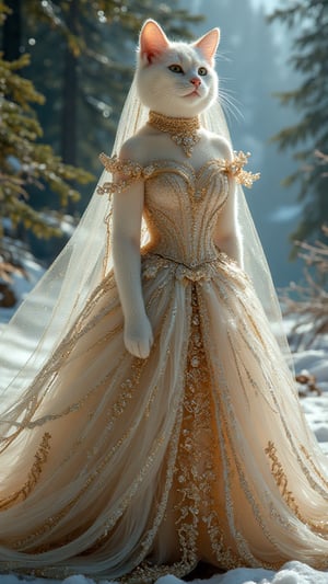 Midjourney_Whisper.A majestic feline bride adorned in a shimmering gold wedding ballgown, her long veil trailing gracefully behind her, stands poised in a radiant scene. Whether by the serene seaside, amidst a snowy wonderland, or under the emerald canopy of a forest, her presence exudes elegance and enchantment.