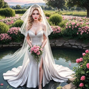 best quality,4k,western bride in luxurious dress,detailed lacework on gown,sparkling diamond tiara,silky blonde hair styled in elegant updo,soft makeup with rosy cheeks and red lips,vivid green eyes with long lashes,pearl necklace caressing collarbone,rose bouquet in hand,delicated detailed skin,flowing white veil with embroidery,high heels with delicate straps,lush garden with blooming roses and peonies,romantic sunset,happy tears glimmering,silver bracelet on wrist,butterflies flitting nearby,swans in pond background