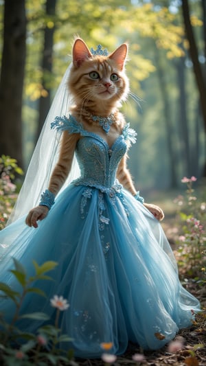 Midjourney_Whisper. A whimsical, anthropomorphic cat bride stands gracefully in a bright, sunlit forest glade. She is adorned in a stunning blue wedding ballgown, the skirt flowing elegantly around her. A long, delicate veil cascades down her back, catching the gentle breeze. Her fur is sleek and shiny, and her eyes sparkle with joy. The forest around her is lush and vibrant, with sunlight filtering through the leaves, casting a warm glow on the scene.

