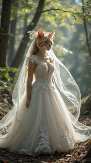 Midjourney_Whisper. A whimsical, anthropomorphic feline bride stands poised in a resplendent white wedding ballgown, complete with a long, flowing veil that dances in the gentle breeze. She is surrounded by a bright, sunlit forest, with dappled sunlight filtering through the lush canopy above. Her elegant gown is adorned with delicate lace and sparkling embellishments, while her veil cascades down her back, adding a touch of ethereal grace. The scene is filled with a sense of joy and anticipation, as the cat bride prepares to embark on a new chapter of her life.

