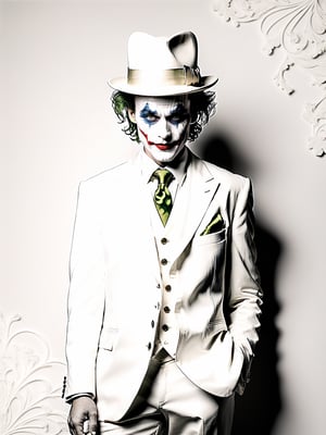Minimalist fasion photo of a Joker in white suit and hat. White filigree background, 