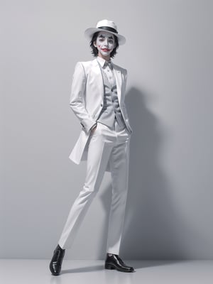 Minimalist fasion photo of a Joker in white suit and hat. White filigree background, 