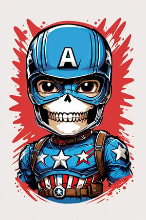 design t-shirt graphic, cute cartoon captain america, full white, kids style, white background, Sketch style, playful style, bones, out of the box