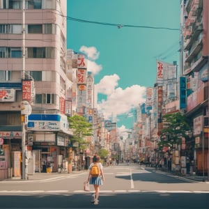 A school girl walking in the Akihabara district Tokyo, studio ghibli, retro, pastels, wide shot, cinematic