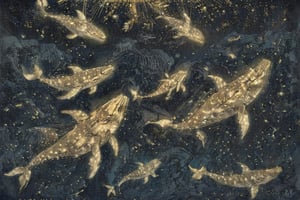 Deep sea, outer space, fantasy whales composed of golden light, a large group of ray whales with flashing fluorescent lights next to them, interstellar, milky way, stars, depth of field,Ukiyo-e,ink