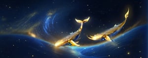 Fantasy whales composed of golden light and blue energy groups, whirlpools, flashing fluorescent lights, interstellar, milky way, stars, depth of field
