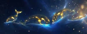 Fantasy whales composed of golden light and blue energy groups, whirlpools, flashing fluorescent lights, interstellar, milky way, stars, depth of field