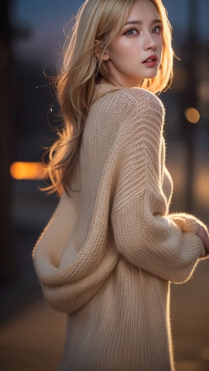 1 Girl, super model (super realistic), (highly detailed eyes, highly detailed face), blonde hair, Bob's head, breasts, big sweater, huge chest, upper body, sneer, frill, (best quality: 1.4), original photo, (realistic, photo realistic: 1.37), professional photography, film light, depth of field, dusk, sunset