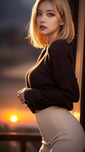 1 Girl, super model (super realistic), (highly detailed eyes, highly detailed face), blonde hair, Bob's head, breasts, big sweater, huge chest, upper body, sneer, frill, (best quality: 1.4), original photo, (realistic, photo realistic: 1.37), professional photography, film light, depth of field, dusk, sunset