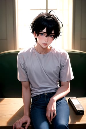 masterpiece, best quality, highly detailed background, perfect lighting, ((masterpiece)), depth of field, cinematic lighting, 1boy, Hamin, male focus, black hair, shirt, looking at viewer, hair between eyes, jeans,  green eyes,  eyes visible through hair,