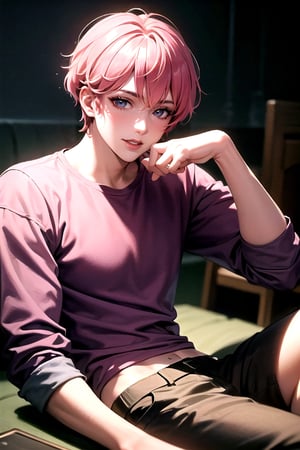 masterpiece, best quality, highly detailed background, perfect lighting, ((masterpiece)), depth of field, cinematic lighting, 1boy, male focus, Bamby, pink hair, solo, shirt, looking at viewer, pink eyes, smile, short hair, pants