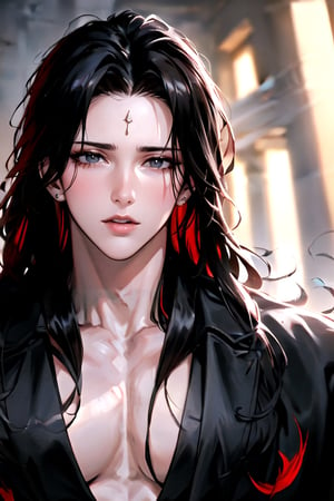 masterpiece, best quality, highly detailed background, perfect lighting, ((masterpiece)), depth of field, cinematic lighting, 1boy, male focus, black hair, long hair, forehead mark, facial mark, bishounen, looking at viewer, red eyes, parted bangs, very long hair, no shirt,  Luo BingHe