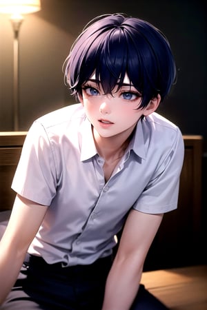 masterpiece, best quality, highly detailed background, perfect lighting, ((masterpiece)), depth of field, cinematic lighting, 1boy, Yejun, male focus, shirt, collared shirt, short hair, looking at viewer, hair between eyes, blue hair, purple eyes, pants, smile