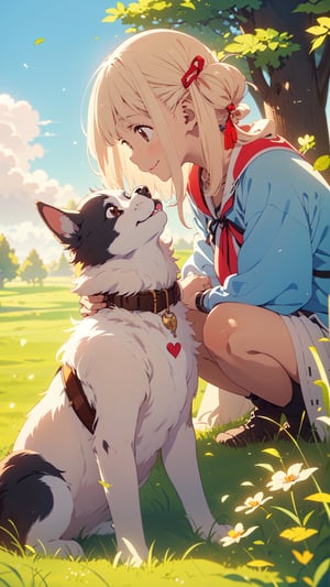 Under the blue sky, the young girl gracefully sat down on the lush grass, and the puppy faithfully nestled beside her. Her gaze toward the dog was filled with affection, a tender expression that spoke volumes of her love for the furry companion.smile
