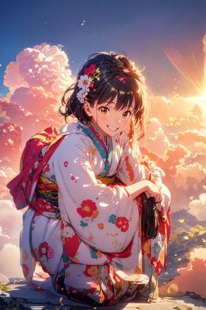 ,from above, Real lighting, (realistic:0.7), (3D:0.7), (solo:1.3),(first sunshine:1.3), (sheine background:1.3), Cloud cover, looking down,kimono,squatting,Embarrassed,Happy smile,