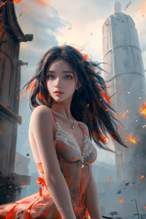 wide angle shot, masterpiece, centered, Best Quality, Ultra-detailed, fine detail, high resolution, 8K Wallpaper, Perfect dynamic composition, Natural Color Lip,(lingerie dress),drawn action: (the girl must be in tower  :1.4),fiery atmosphere, fiery landscape, raining, 15 years old girl, long hair blown by wind, stern expression,1girl,Wlop