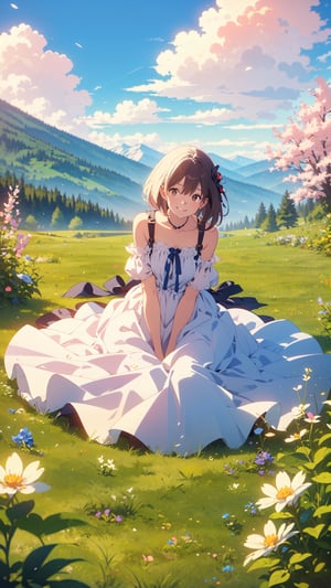 Under the blue sky, the young girl gracefully sat down on the lush grass.smile,The wind is blowing,A field of spring flowers,Far in the distance, the Alps mountain range is visible,The wind makes the hair flutter