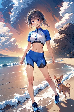 A girl stands at the water's edge on the beach, running with little Chihuahua,white Mesh Stitch Zip Front Crop T-shirt,Sports leggings,Black running shoes,blue pendant,with , The sky is a vibrant blue,sunset, but( signs of a storm),and the wind gently caresses the surroundings.masterpiece,best quality,smile, dynamic angle 