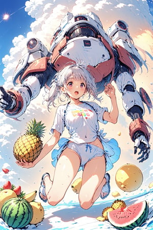 1girl,robot,good friend,runnning on the earth,watermelon,lemon,banana,pineapple,strawberry,peach