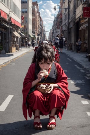 2girl,from above, Real lighting, (realistic:0.7), (3D:0.7), (solo:1.3),(Downtown:1.3), (sheine background:1.3), Cloud cover, looking down,kimono,squatting,eating mochi,Embarrassed