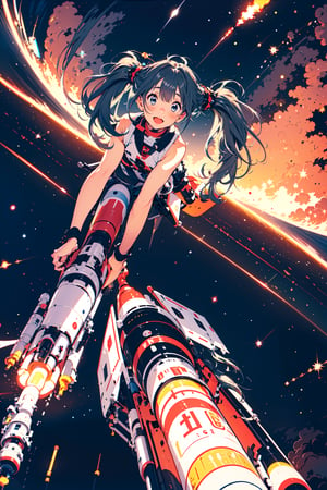 1girl,twintails,masterpiece,Let's go to the edge of the universe! Get on that rocket! Riding a rocket to venture into space is a wonderful part of exploring the unknown world. I hope you continue to pursue your dreams, and may new discoveries await in the deep corners of the universe!