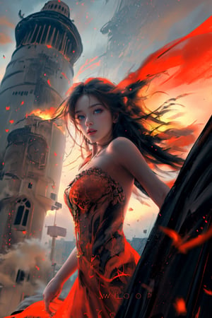 wide angle shot, masterpiece, centered, Best Quality, Ultra-detailed, fine detail, high resolution, 8K Wallpaper, Perfect dynamic composition, Natural Color Lip,(arabic dress),drawn action: (the girl must be in tower  :1.4),fiery atmosphere, fiery landscape, raining, 25 years old girl, long hair blown by wind, stern expression,1girl,Wlop