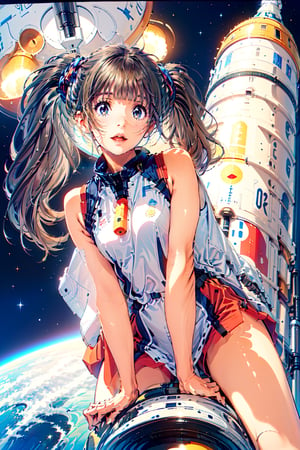 1girl,25yo,twintails,masterpiece,Let's go to the edge of the universe! Get on that rocket! Riding a rocket to venture into space is a wonderful part of exploring the unknown world. I hope you continue to pursue your dreams, and may new discoveries await in the deep corners of the universe!,get on rocket,from below 