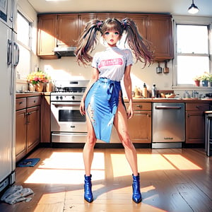 fashion magazine photo, full body, analog, stunning makeup, beautiful model, big breasts, slim figure, wearing dirty, tattered, high fashion clothes, vibrant color, posing in a kitchen, 80s easthetic, photorealistic, high detailed, Masterpiece,akinanakamori,twintails,flower,perfect light