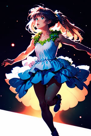 woman, dancing,jumping,flower dress, colorful, darl background,flower armor,green theme,exposure blend, medium shot, bokeh, (hdr:1.4), high contrast, (cinematic, teal and orange:0.85), (muted colors, dim colors, soothing tones:1.3), low saturation,twintails