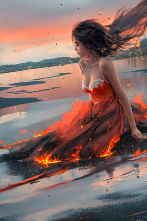 wide angle shot, masterpiece, centered, Best Quality, Ultra-detailed, fine detail, high resolution, 8K Wallpaper, Perfect dynamic composition, Natural Color Lip,(lingerie dress),drawn action: (the girl must be in lake  :1.4),fiery atmosphere, fiery landscape, raining, 15 years old girl, long hair blown by wind, stern expression,1girl,Wlop,