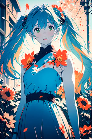 woman, flower dress, colorful, darl background,flower armor,green theme,exposure blend, medium shot, bokeh, (hdr:1.4), high contrast, (cinematic, teal and orange:0.85), (muted colors, dim colors, soothing tones:1.3), low saturation,twintails