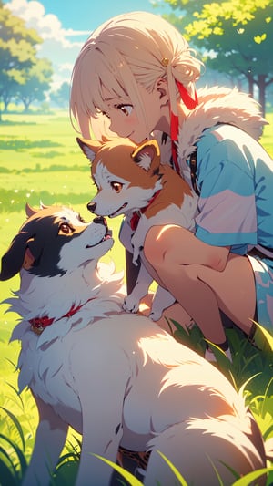 Under the blue sky, the young girl gracefully sat down on the lush grass, and the puppy faithfully nestled beside her. Her gaze toward the dog was filled with affection, a tender expression that spoke volumes of her love for the furry companion.smile