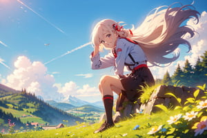 Under the blue sky, the young girl gracefully sat down on the lush grass.smile,The wind is blowing,A field of spring flowers,Far in the distance, the Alps mountain range is visible,The wind makes the hair flutter,masterpiece, best quality, ridiculous, highest quality, stunning details, 8k, aesthetic, hold down my hair blowing in the wind with my hand,