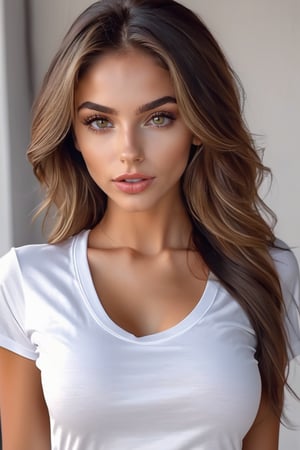 the most beautiful latina girl, slim atletic body, perfect detailed face, big bright hazel eyes and big lips, photorealistic, wearing a white T-shirt, nipples marked on the T-shirt, 8K, filmic, photographic realism, sweet innocent face, long hair,Extremely Realistic