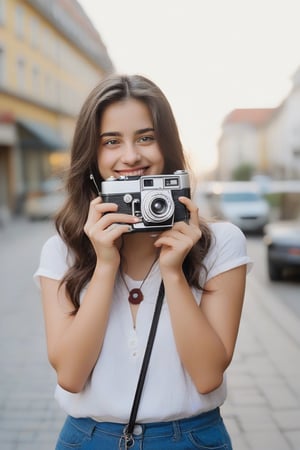 a 23 years old girl with a smile stands in the middle of the city, holding a vintage camera on her hands making some pictures around her.,rebevelin