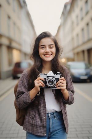 a 23 years old girl with a smile stands in the middle of the city, holding a vintage camera on her hands making some pictures around her.,rebevelin