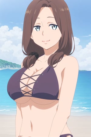 1girl, solo, purple_bikini, brown_hair, teal_eyes, long_hair, big_breasts, low_ponytail, braid, parted_bangs, looking at viewer, anime_screencap, standing, full_body, facing_viewer, beach, mature_female, smile