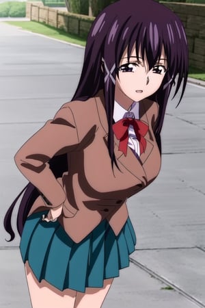 1girl, solo, purple_hair, long_hair, bangs, big_breasts, brown_jacket, collared_shirt, white_shirt, green skirt, pleated_skirt, school_uniform, red_ribbon, mature_female, looking_at_viewer, facing_viewer, anime_screencap, standing, portrait