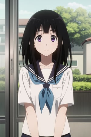 1girl, solo, eru chitanda, school uniform, (looking at viewer:1.2), (facing viewer:1.2), anime screencap, school, upper body