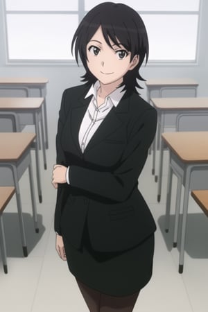 1girl, solo, takahashi_maya, black_blazer, pantyhose, pencil_skirt, suit, collared_blouse, big_breasts, smile, looking_at_viewer, standing, classroom, anime_screencap, upper_body
