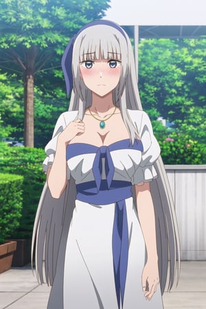 1girl, solo, bangs, large breasts, white dress, long dress, cleavage, long hair, short sleeves, hairband, blunt bangs, necklace, anime screencap, standing, park, (looking at viewer:1.2), (facing viewer:1.2), blush, upper body, Mylene