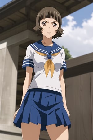 1girl, solo, ekitokuwz, brown_eyes, short_hair, brown_hair, medium_breasts, school_uniform, sailor_fuku, pleated_skirt, blue_skirt, yellow_neckerchief, short_sleeves, standing, cowboy_shot, facing_viewer, outdoor, temple, looking_at_viewer, angry