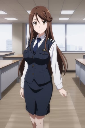 1girl, solo, iida_nana_rw, smile, brown_eyes, brown_hair, long_hair, big_breasts, police_uniform, vest, collared_blouse, blue_skirt, pencil_skirt, blue_necktie, standing, looking_at_viewer, office, anime_screencap, facing_viewer