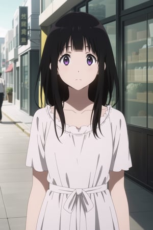 1girl, solo, eru chitanda, casual dress, (looking at viewer:1.2), (facing viewer:1.2), anime screencap, street, upper body