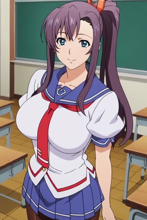 1girl, solo, large breasts, school uniform, necktie,  skirt, pantyhose, classroom, (looking at viewer:1.2), (facing viewer:1.2), smile, medium shot, standing, (haruko_amaya:1.2), anime screencap, mature female,score_9